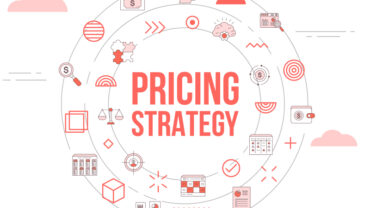 A vector image with a color palette of white and pink and a round shape explains the pricing strategy concept with a few general icons.