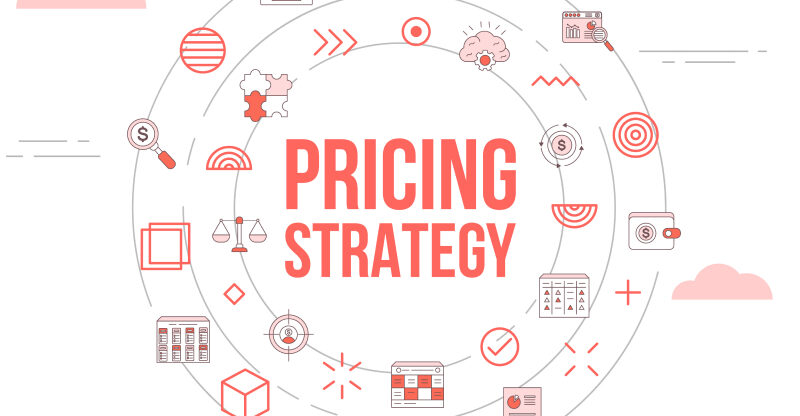 A vector image with a color palette of white and pink and a round shape explains the pricing strategy concept with a few general icons.