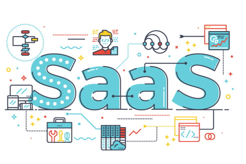 A vector image with blue text and a white background explains the concept of software as a service (SaaS).